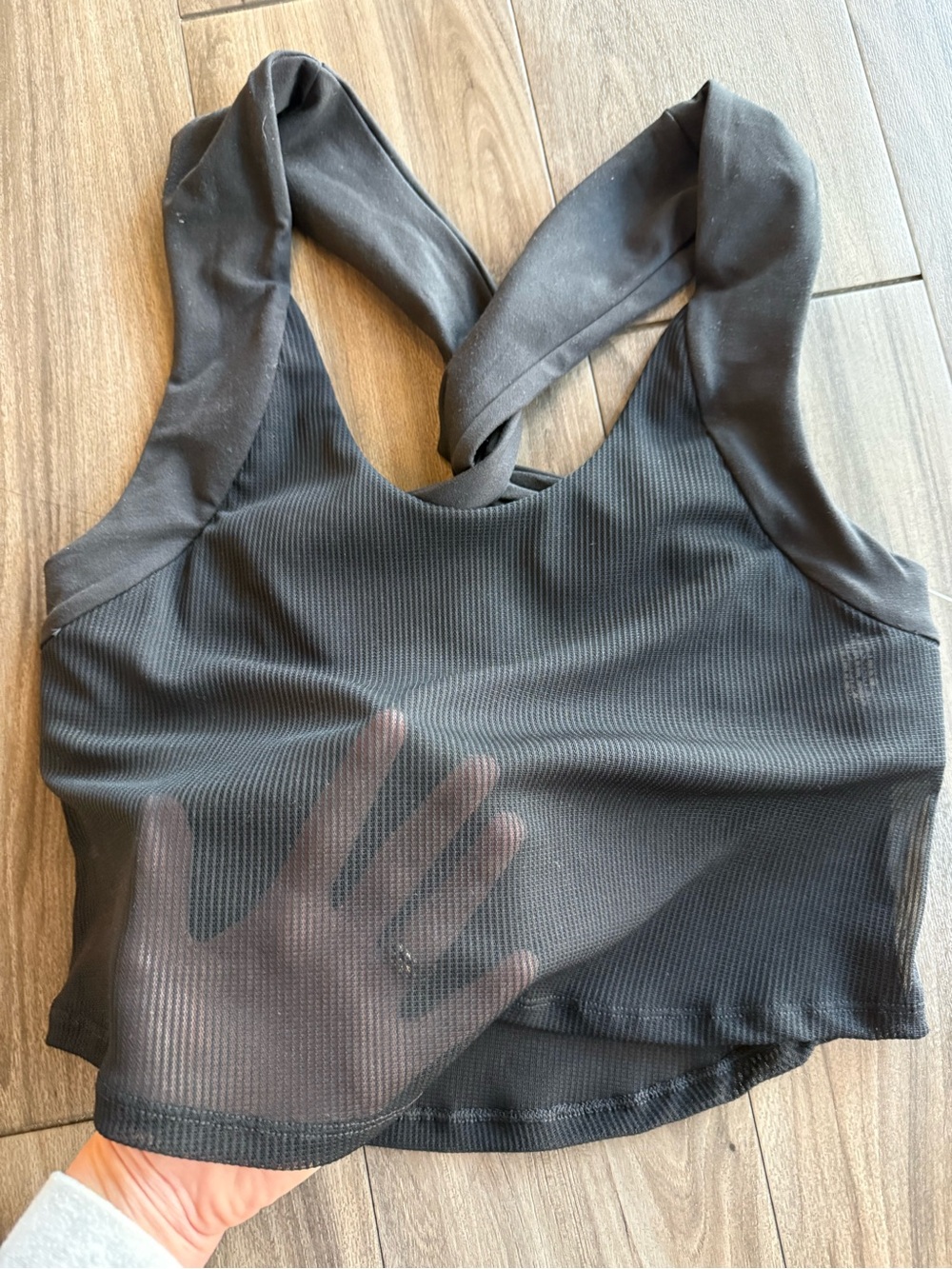 Free People Black Ribbed Mesh Cross-Back Crop Tank